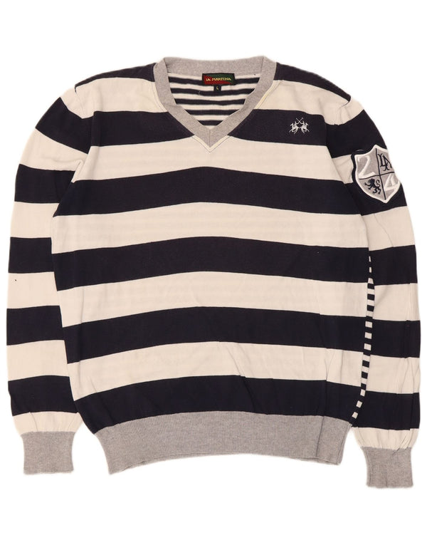 La Martina Womens Graphic V-Neck Jumper Sweater UK 16 Large White Striped