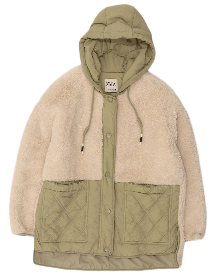 Zara Veste coupe-vent surdimensionnée à capuche pour femme UK 10 Small Blanc cassé