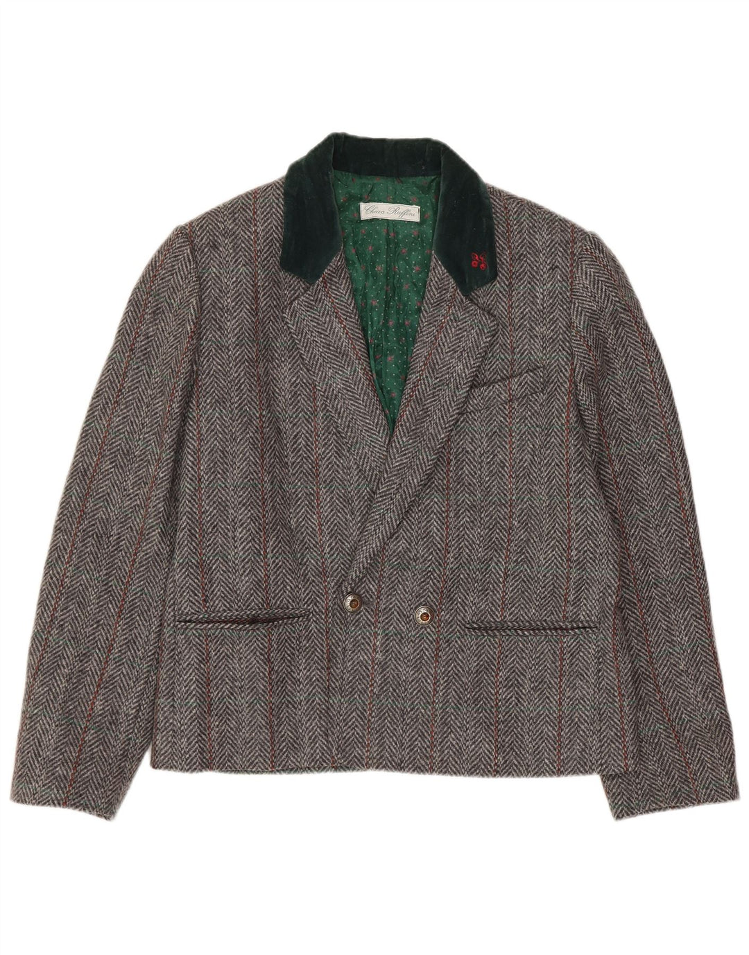 Vintage Womens Double Breasted Blazer Jacket UK 14 Medium Grey Herringbone