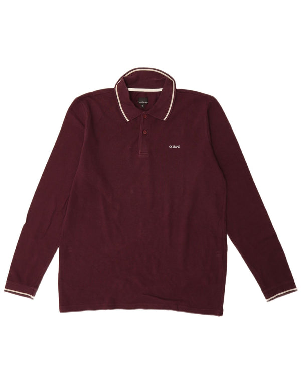 Calvin Klein Jeans Mens Long Sleeve Polo Shirt Large Burgundy Cotton