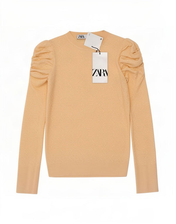 Zara Femme Top Manches Longues UK 12 Viscose Beige Moyen