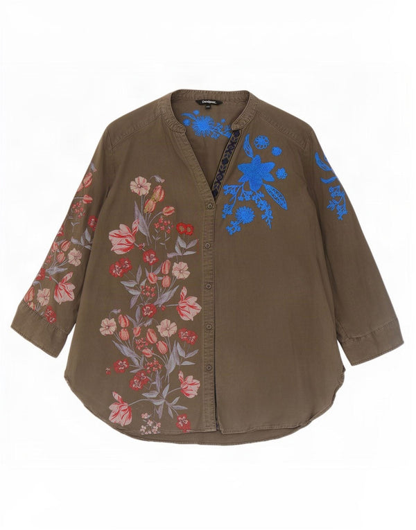 Desigual Donna Camicia Manica a 3/4 Camicetta UK 20 2XL Khaki Floral Lyocell