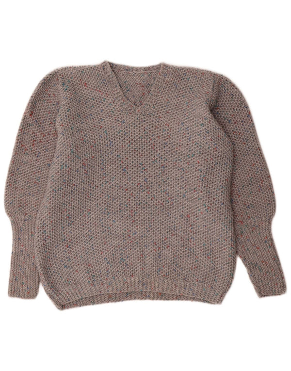 Sweter damski w stylu vintage z dekoltem w kształcie litery V, UK 16, duży, szary, nakrapiany