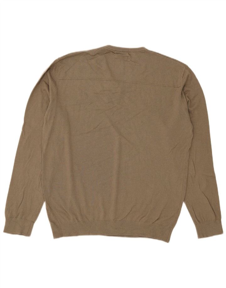 Massimo Dutti Mens V-Neck Jumper Sweater Large Khaki Cotton