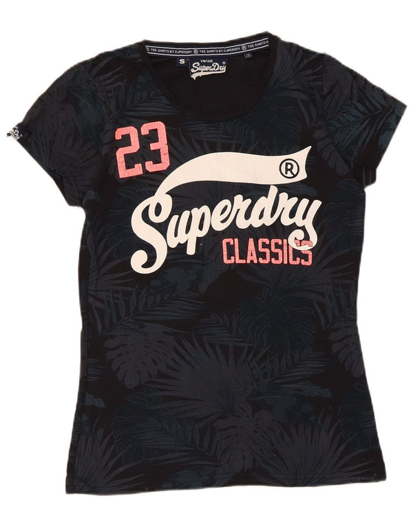 Superdry Womens Graphic T-Shirt Top UK 10 Small Black Floral Cotton