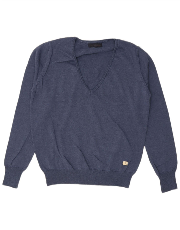 Trussardi Mens V-Neck Jumper Sweater Medium Navy Blue Virgin Wool