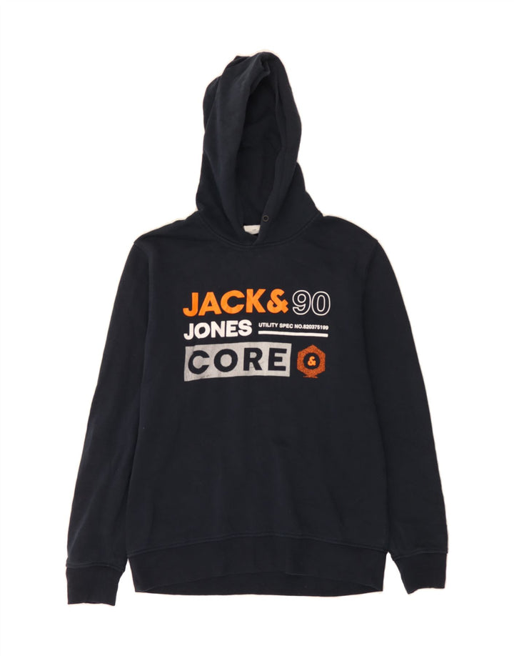JACK & JONES Mens Graphic Hoodie Jumper Large Navy Blue Polyester Vintage Jack & Jones and Second-Hand Jack & Jones from Messina Hembry 