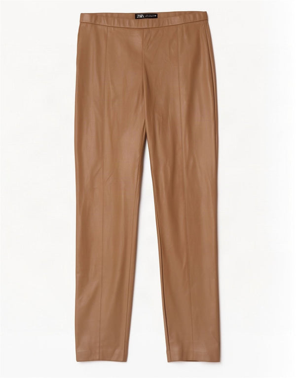 Zara Calça feminina slim de couro sintético grande W30 L28 poliuretano bege