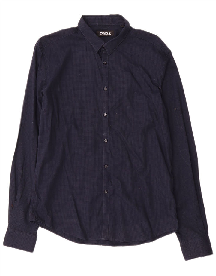 Dkny Mens Shirt Large Navy Blue Gingham Cotton