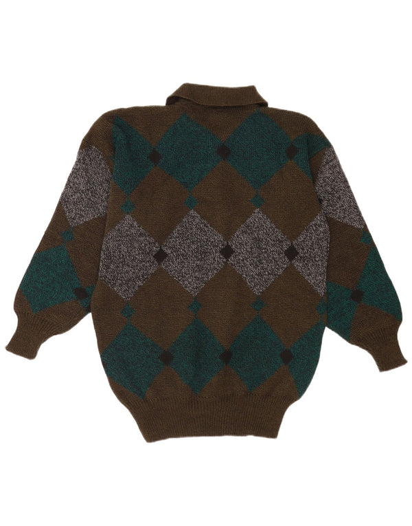 Pulover vintage pentru bărbați cu gât polo, maro mediu Argyle/Diamond Classic