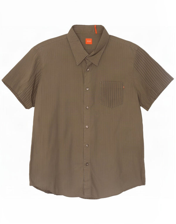 Hugo Boss Herren Kurzarmhemd 2XL Khaki Nadelstreifen Baumwolle