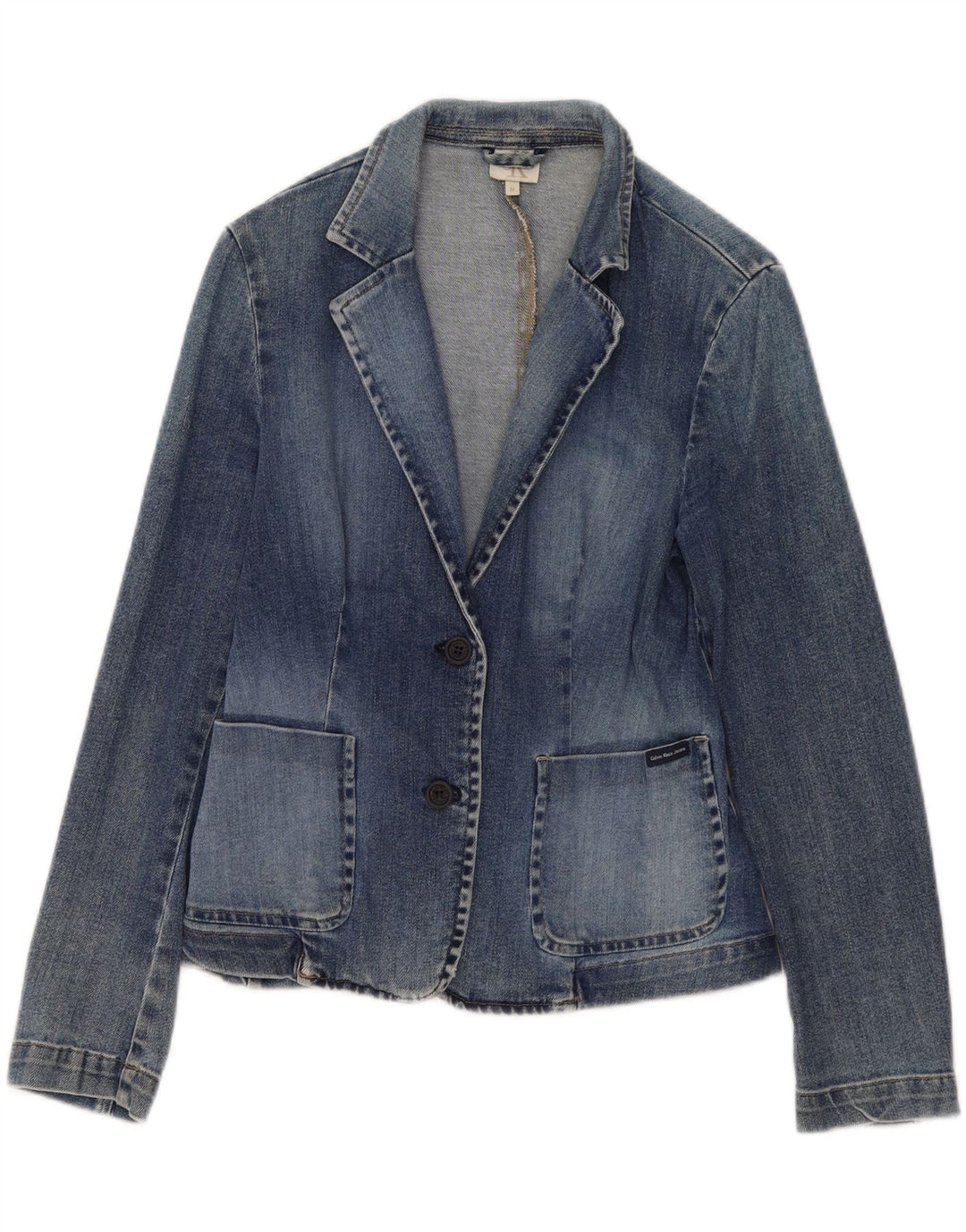 Calvin Klein Dame 2 Button Denim Blazer Jacket UK 12 Medium Blue Bomuld