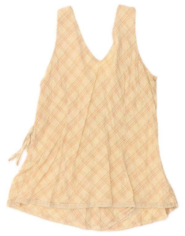 Benetton Dame ærmeløs bluse Top UK 14 Stor Beige Ternet Bomuld