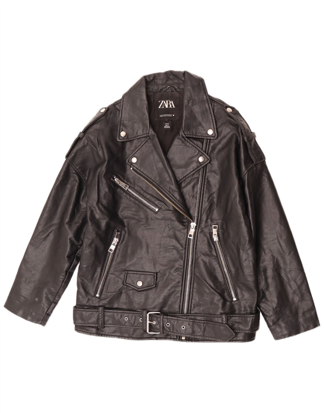 Zara Veste de motard surdimensionnée en simili cuir pour femme UK 10 Petit Noir Polyester