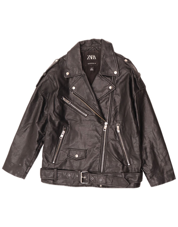 Zara Veste de motard surdimensionnée en simili cuir pour femme UK 10 Petit Noir Polyester