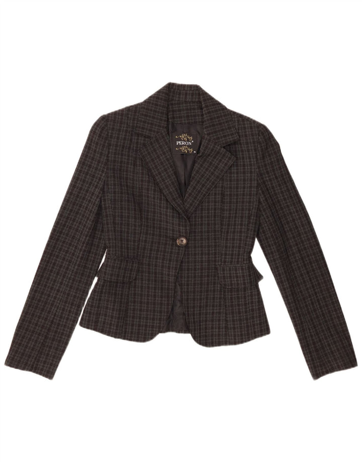 Vintage Womens 1 Button Blazer Jacket EU 36 Small Grey Check Polyester