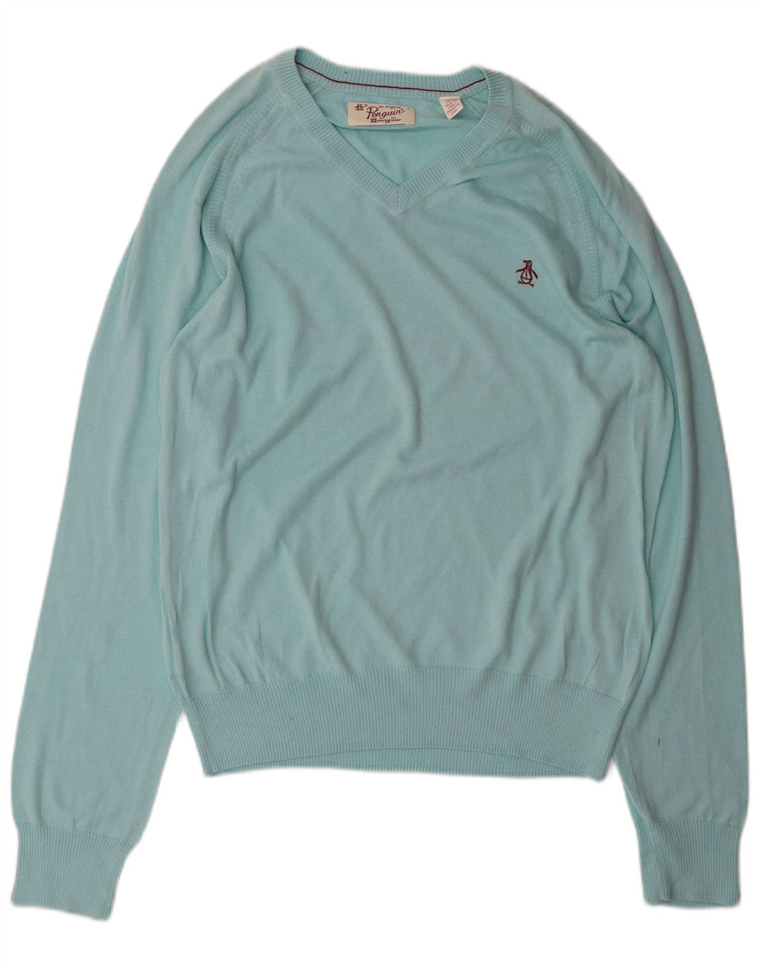 PENGUIN Mens V-Neck Jumper Sweater Large Turquoise Cotton