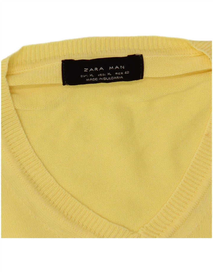 Zara Mens V-Neck Jumper Sweater XL Yellow