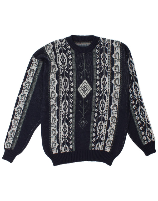 vintage Mens Crew Neck Jumper Pull Grand Bleu Marine Fair Isle