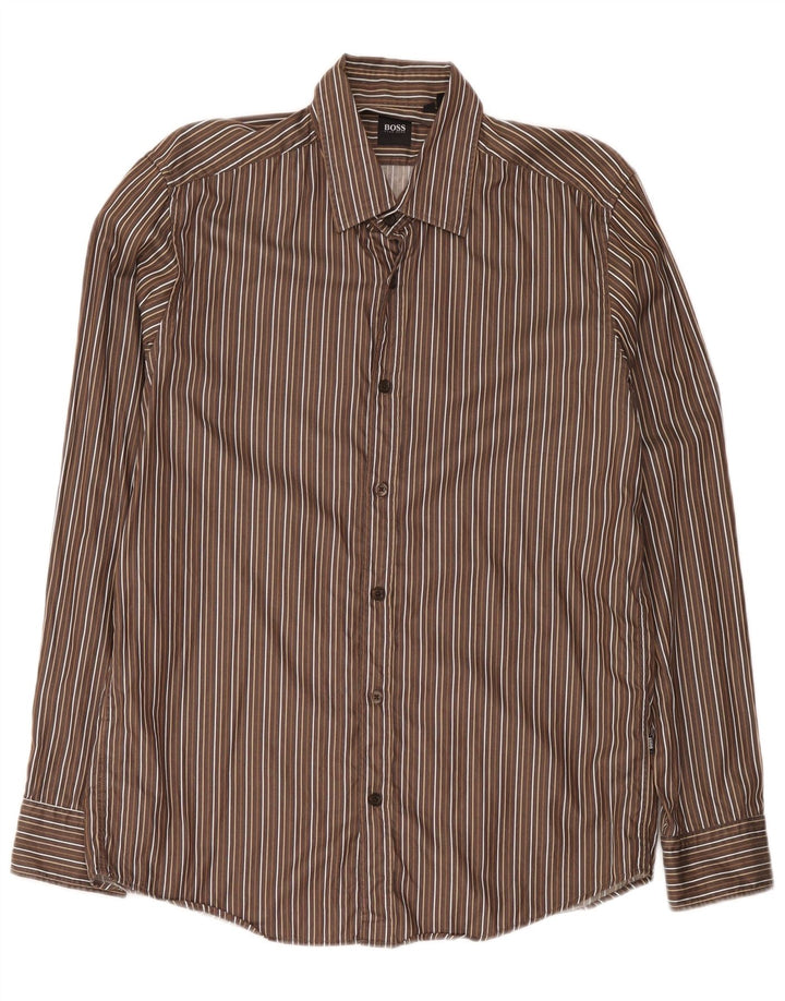 Hugo Boss Mens Shirt Medium Brown Pinstripe Cotton