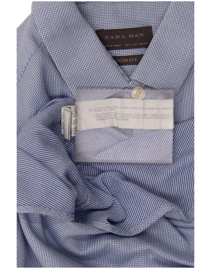 Zara Mens Slim Fit Shirt Small Blue Spotted Cotton