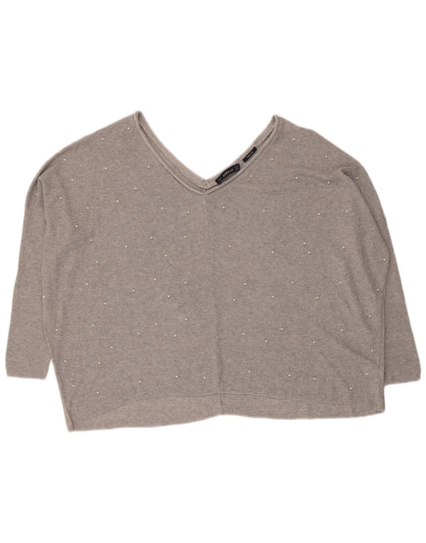 Zara Womens Oversized V-Neck Jumper Sweater UK 14 Medium Grey