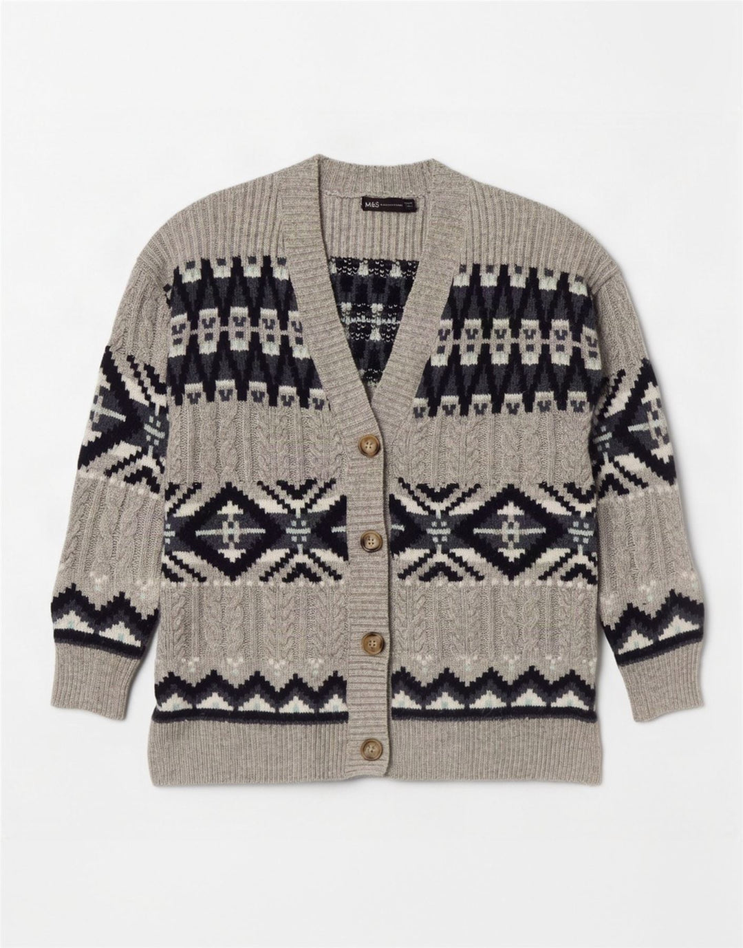 Marks & Spencer Dame Cardigan Sweater UK 14 Medium Grey Fair Isle