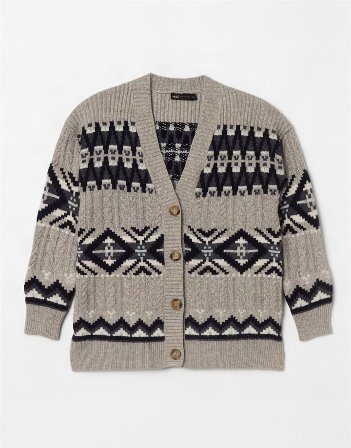 Marks & Spencer Dame Cardigan Sweater UK 14 Medium Grey Fair Isle