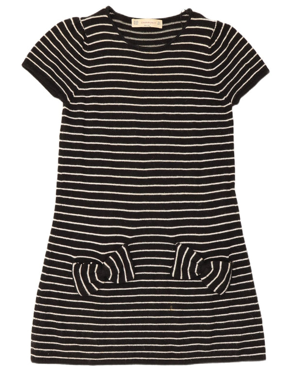 Zara Womens Short Sleeves Jumper Dress UK 14 Large Black Striped Cotton