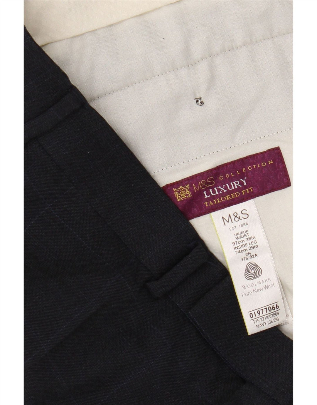 Marks & Spencer Mens Straight Suit Trousers W38 L29 Navy Blue Check Wool