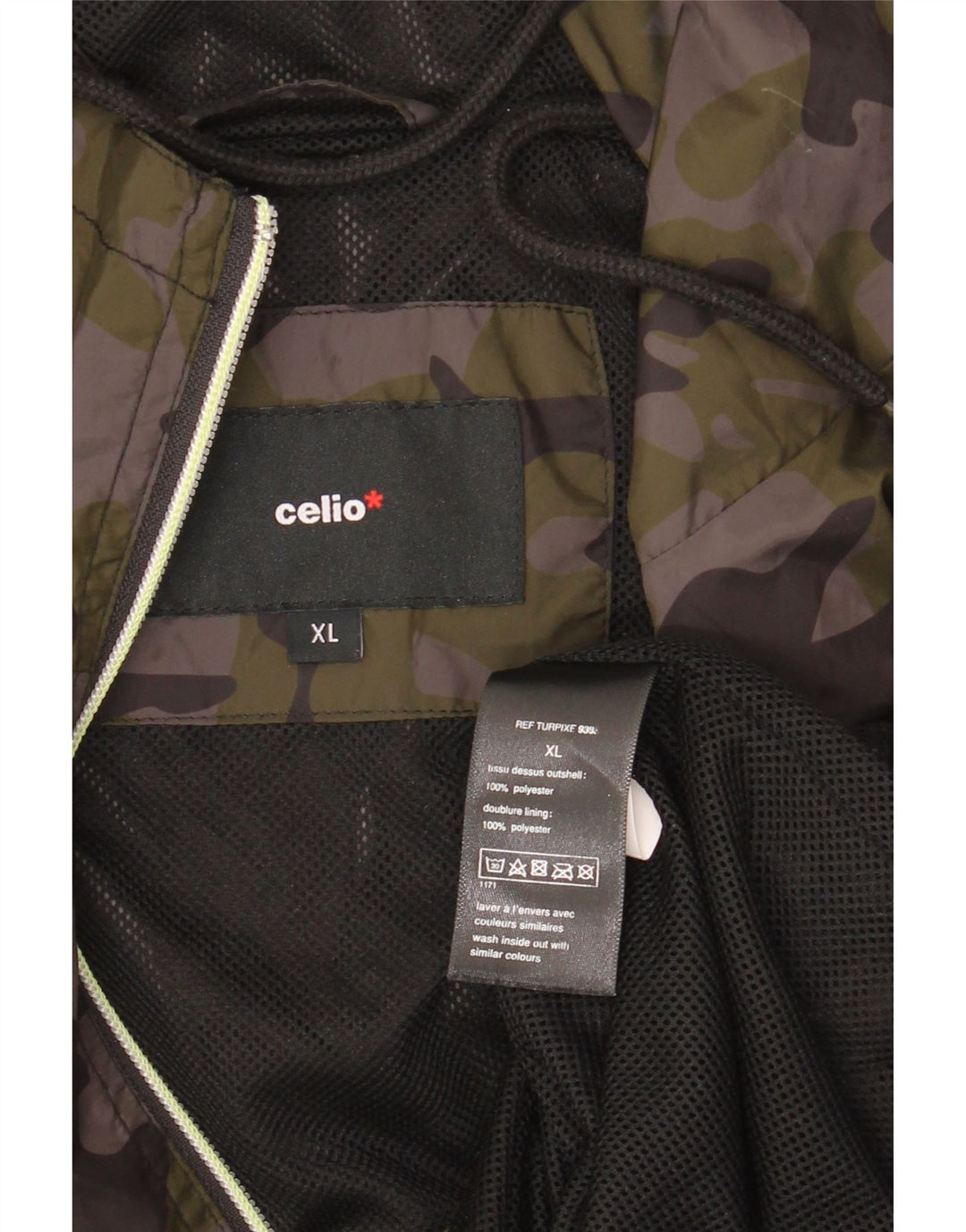 CELIO Mens Hooded Rain Jacket UK 42 XL Khaki Camouflage Polyester