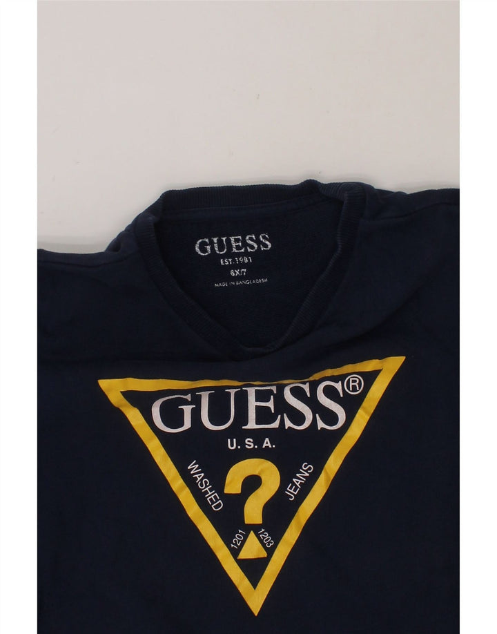 GUESS Boys Graphic Sweatshirt Jumper 6-7 Years Navy Blue Vintage Guess and Second-Hand Guess from Messina Hembry 
