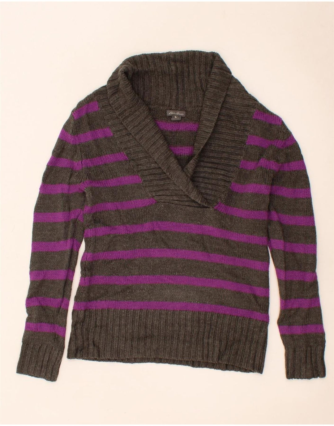 EDDIE BAUER Womens Shawl Neck Jumper Sweater UK 14 Medium Grey Striped Vintage Eddie Bauer and Second-Hand Eddie Bauer from Messina Hembry 