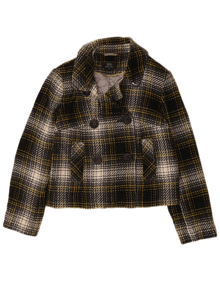 Marks & Spencer Womens Short Pea Coat UK 14 Large Black Check Acrylic