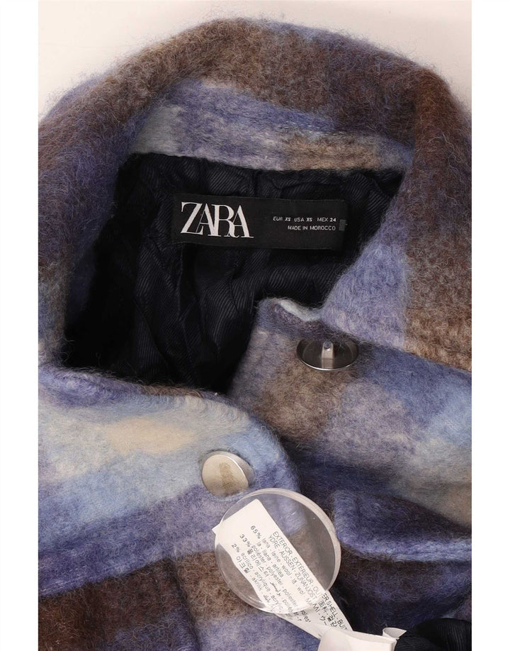 Zara Womens Oversized Shacket Jacket UK 6 XS Blue Plaid Wool