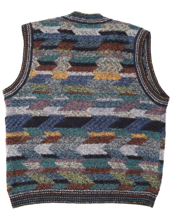 Vintage Herren Ärmelloser Cardigan Pullover XL Mehrfarbige geometrische Wolle