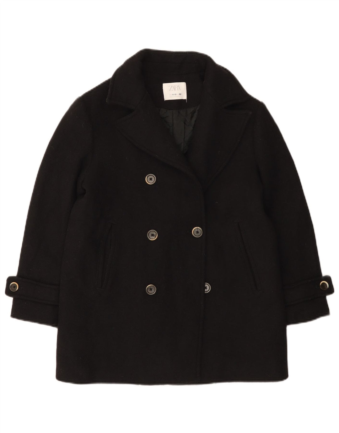 Zara Girls Pea Coat 11-12 Years Black Wool