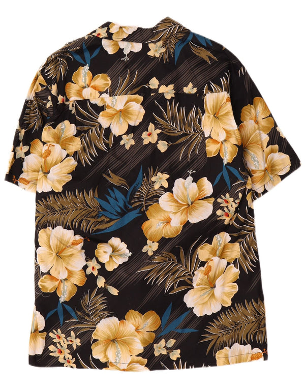 Vintage Mens Short Sleeve Shirt Large Black Floral Cotton Hawaiian