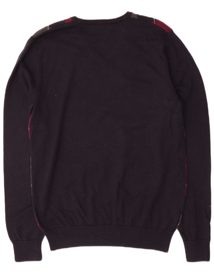 Fred Perry Mens V-Neck Jumper Sweater Medium Navy Blue Argyle/Diamond