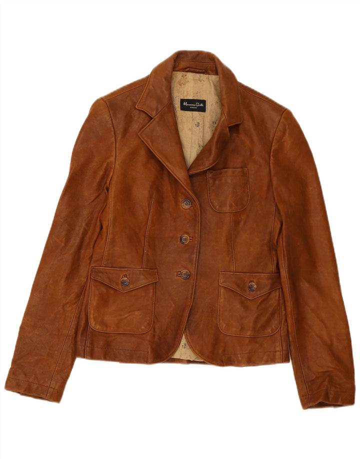 Massimo Dutti Womens 3 Button Leather Blazer Jacket UK 8 Small Brown