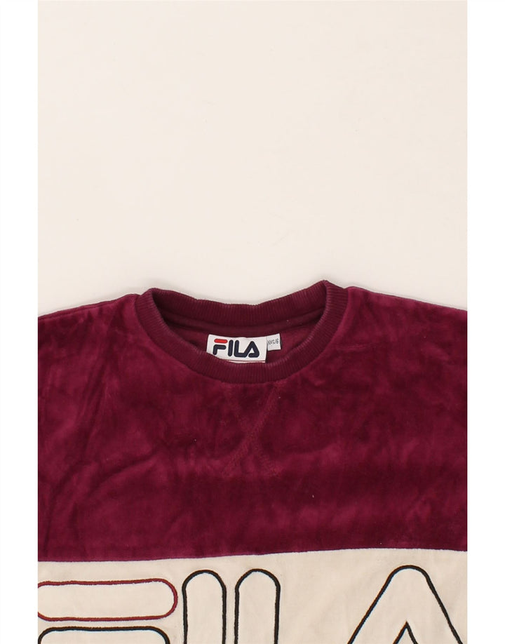 FILA Womens Oversized Graphic Sweatshirt Jumper UK 2 2XS Maroon Vintage Fila and Second-Hand Fila from Messina Hembry 