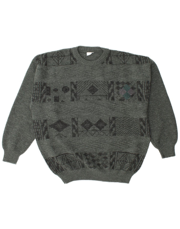 Vintage Herre Loose Fit Crew Neck Jumper Sweater IT 52 Stor Grå Geometrisk