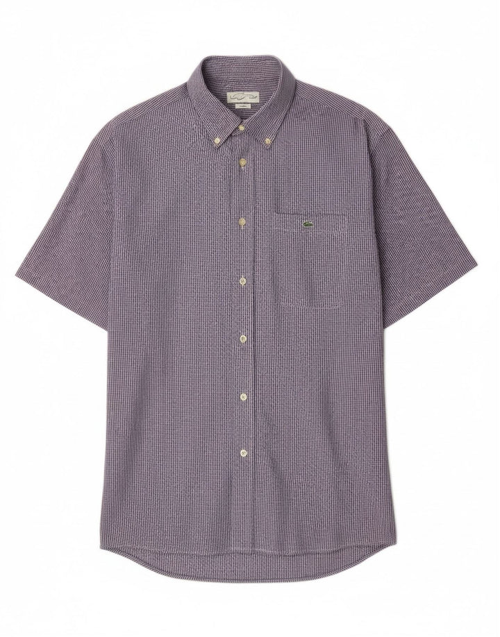 LACOSTE Mens Short Sleeve Shirt Size 40 Medium Navy Blue Check Cotton