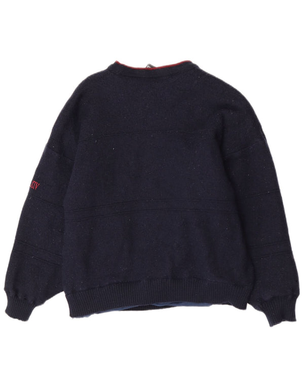 Maglione vintage da donna con scollo a barca con grafica UK 16 grande blu navy