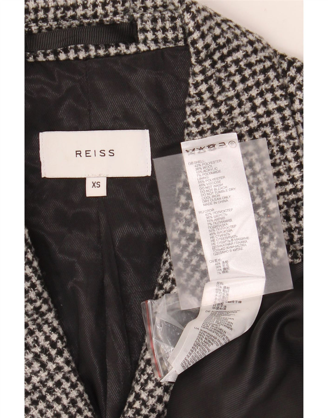 Reiss Mens Overcoat UK 34 XS Grey Houndstooth Polyester