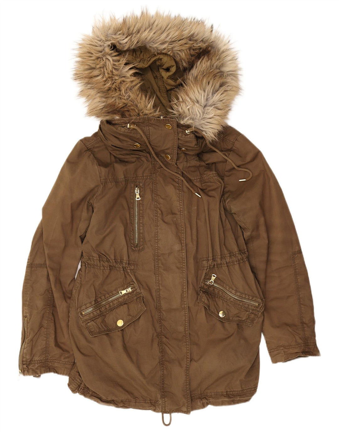 Zara Parka à capuche pour femme UK 14 Medium Kaki Polyester