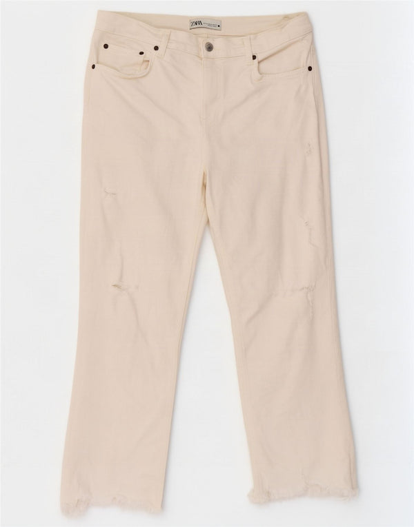 Zara Womens Distressed Cropped Jeans EU 42 Large W32 L24 White Bomuld