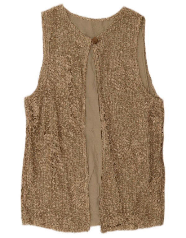 Top cardigan senza maniche vintage da donna UK 14 Beige medio floreale