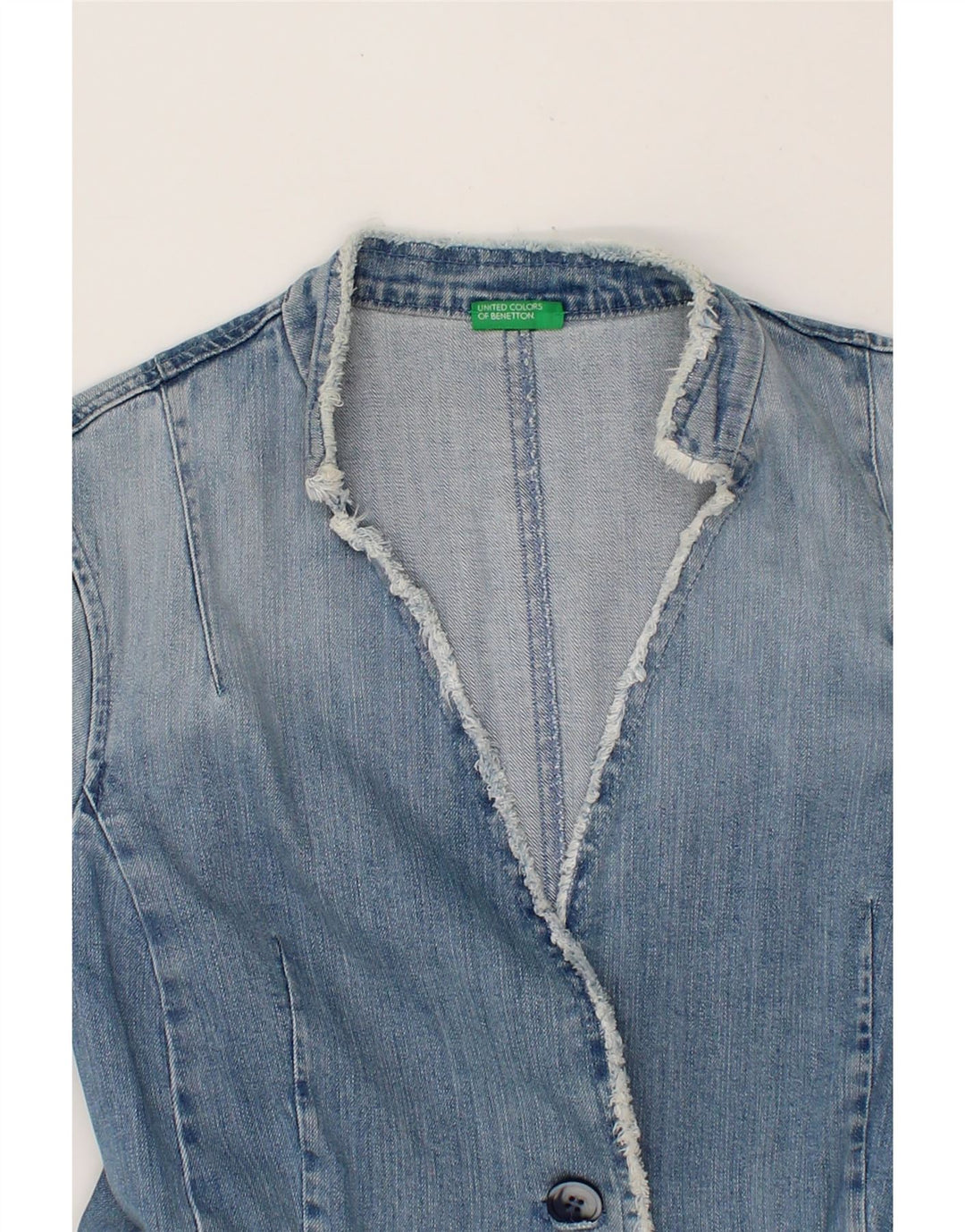 BENETTON Womens 1 Button Denim Blazer Jacket UK 12 Medium  Blue Cotton Vintage Benetton and Second-Hand Benetton from Messina Hembry 