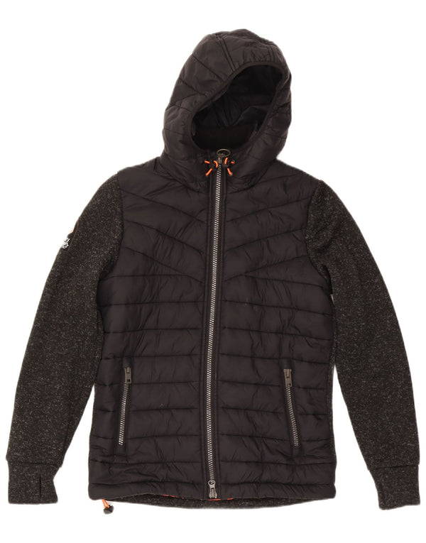 Superdry Womens Hooded Padded Jacket UK 14 Medium Black Flecked Polyester